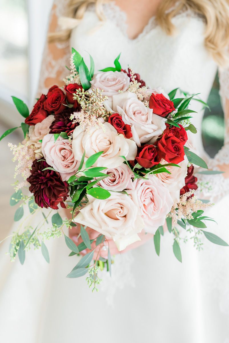 red and pink bridal bouquet 