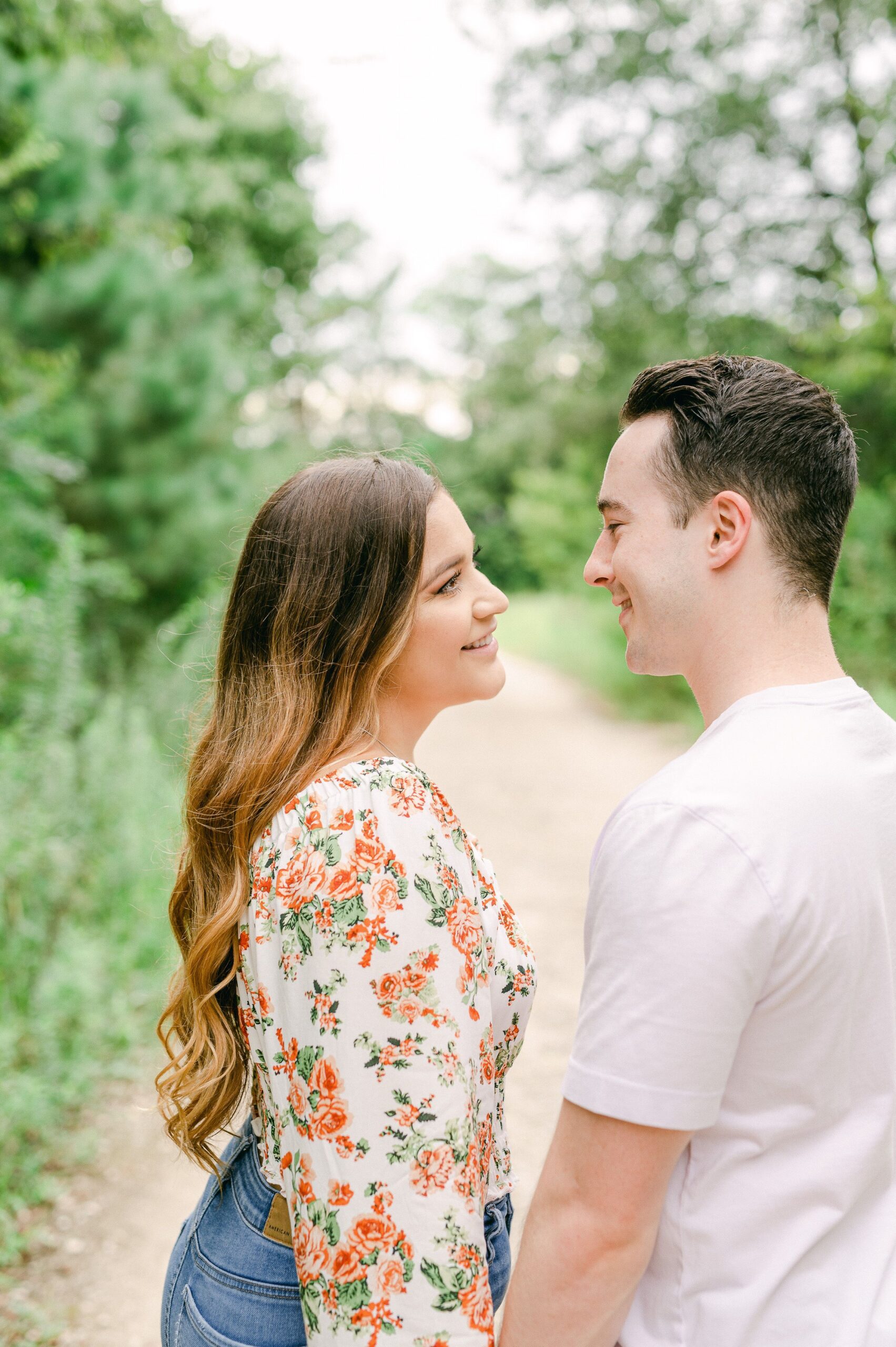 couple during engagement session at memorial park