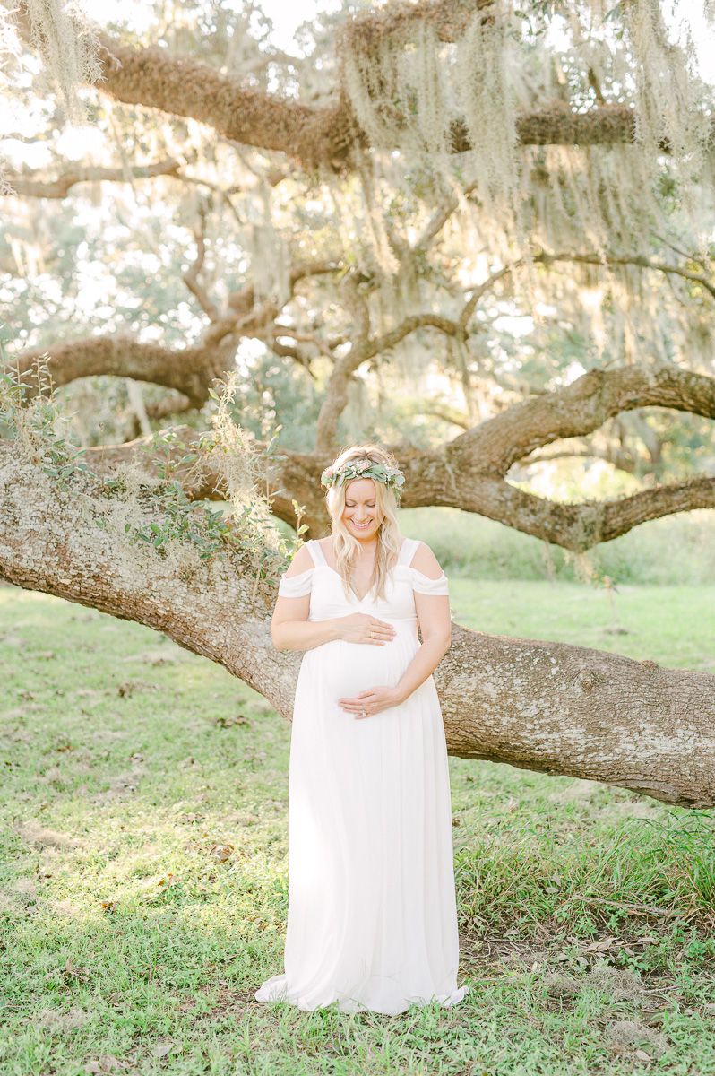 maternity session with flower crown and Spanish moss