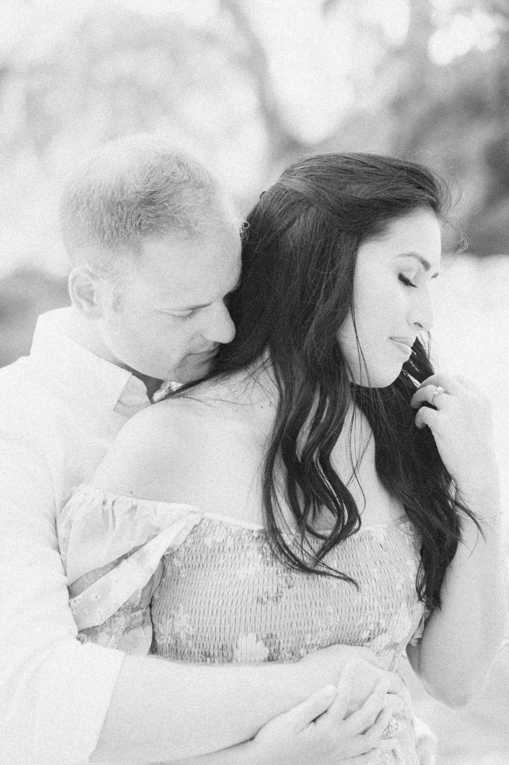 black and white romantic engagement photo