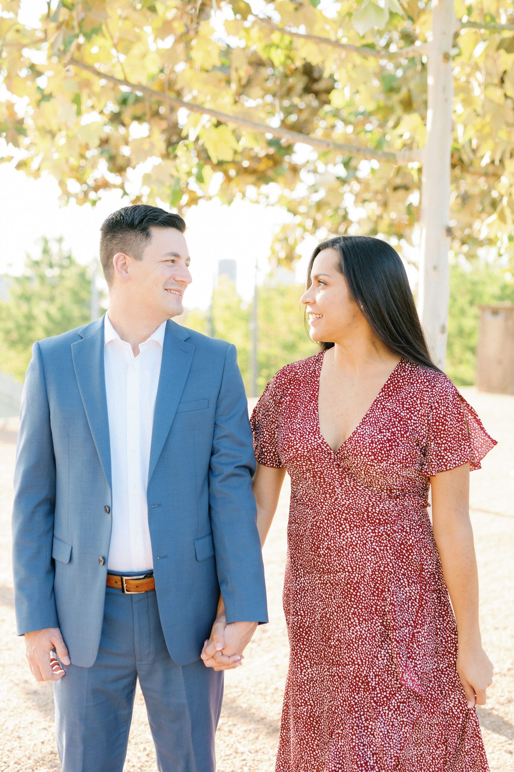 couple walking at engagement session
