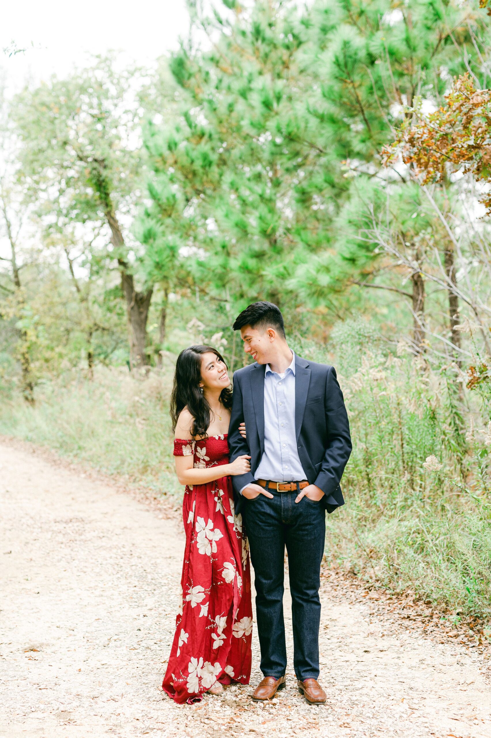 couple in memorial park for engagement photos