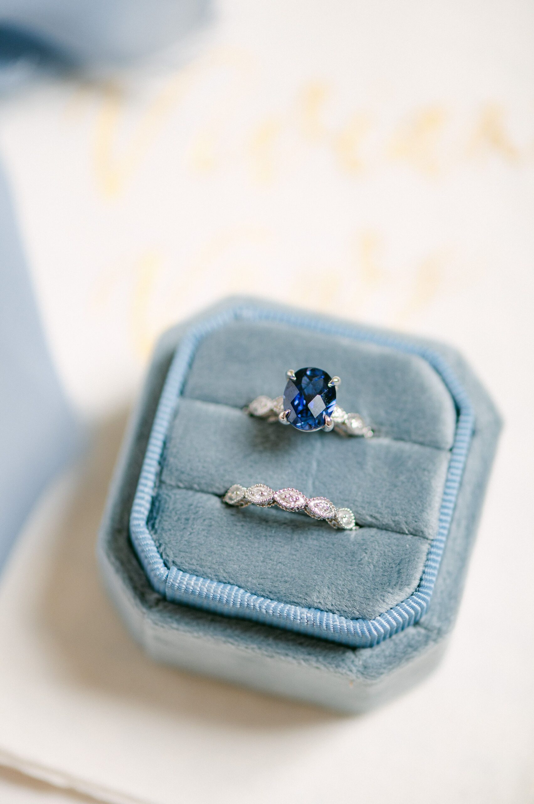 blue engagement ring in blue ring box