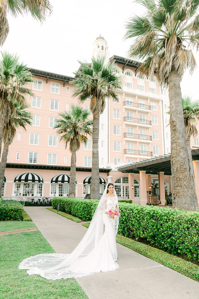 bride outside the grand galvez in galveston