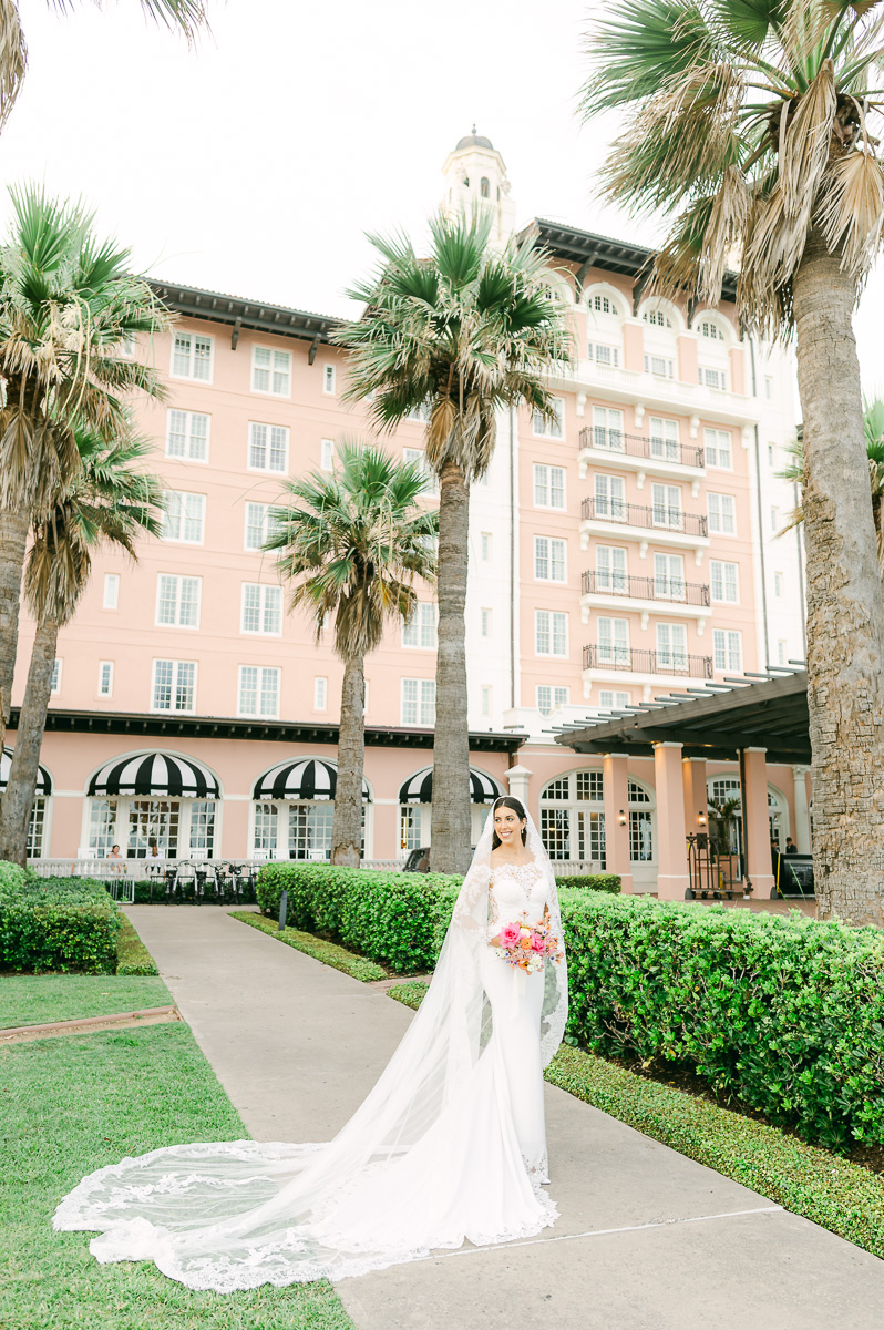 bride outside the grand galvez in galveston