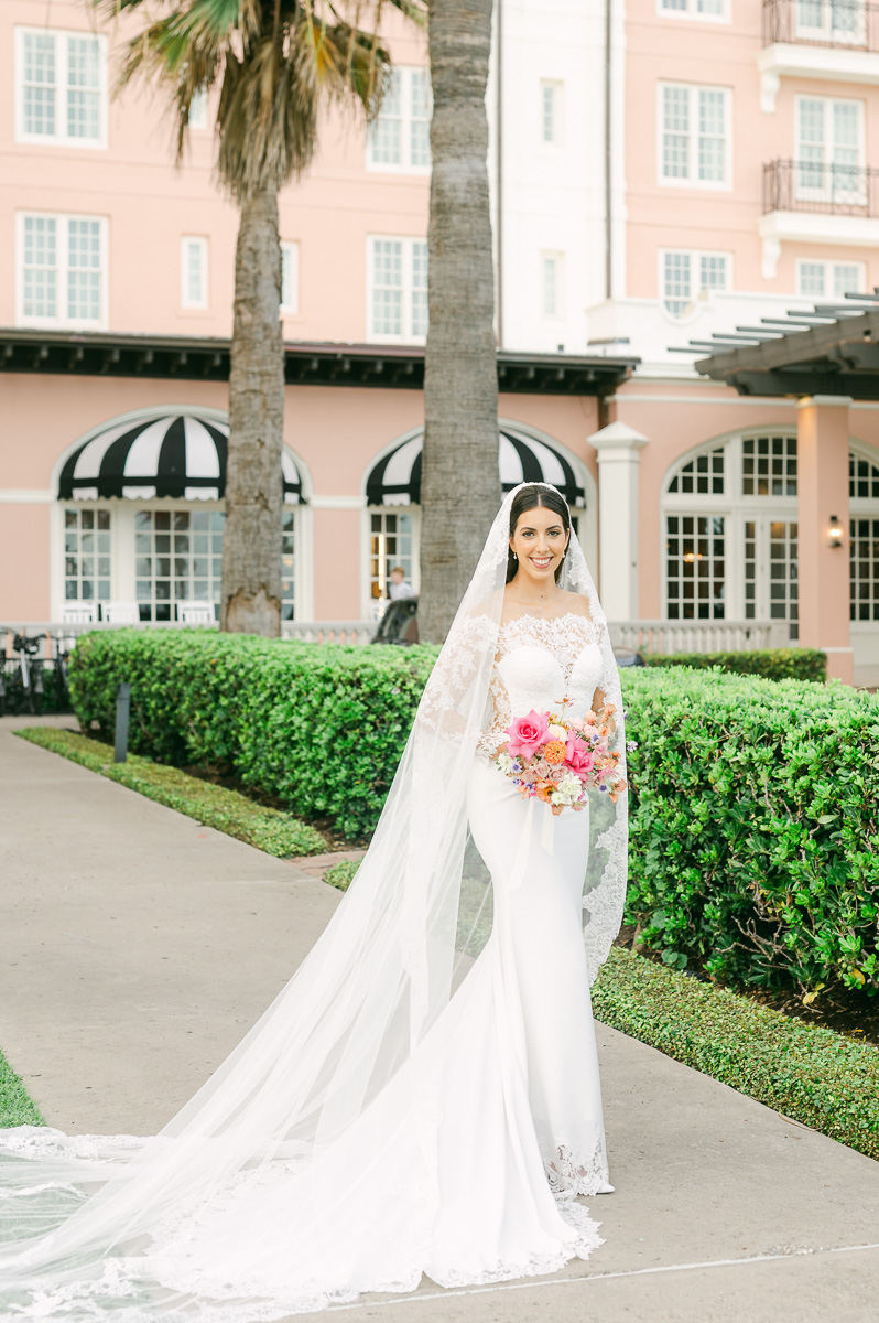 bride outside the grand galvez in galveston