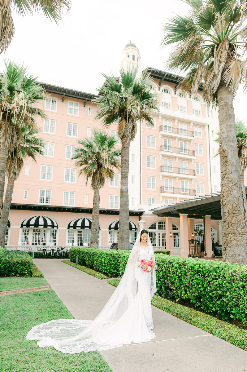 bride outside the grand galvez in galveston