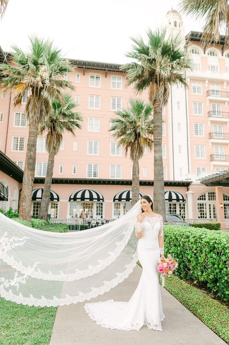 bride outside the grand galvez in galveston