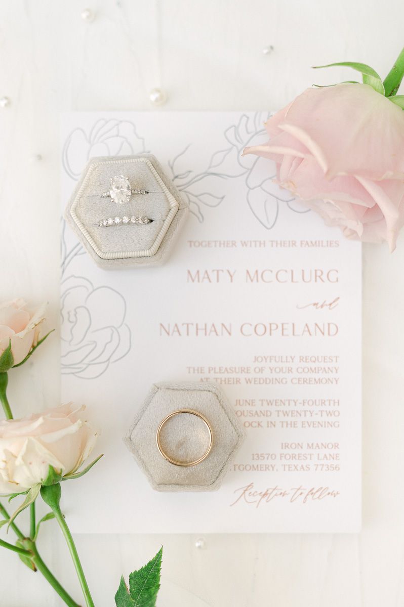 wedding rings in cream box on invitation