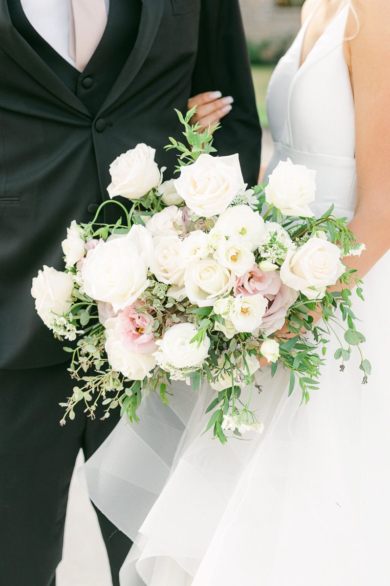 wedding bouquet with pinks and greenery