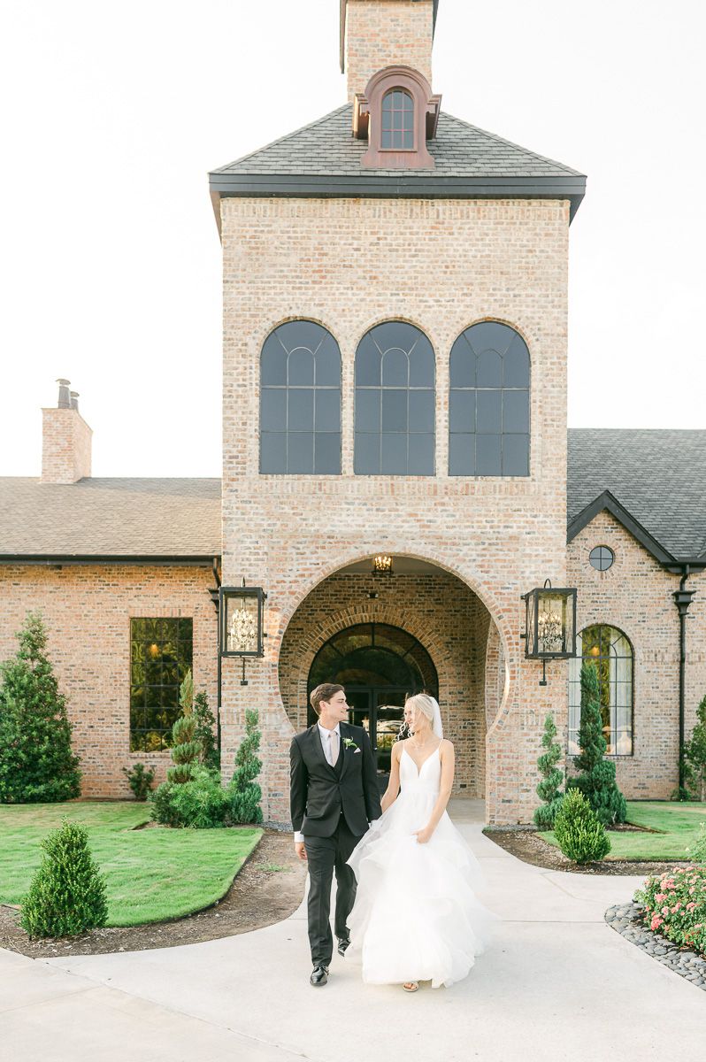 bride and groom outside Iron Manor wedding venue