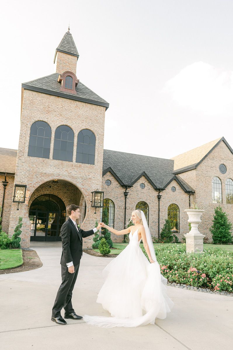 bride and groom outside Iron Manor wedding venue
