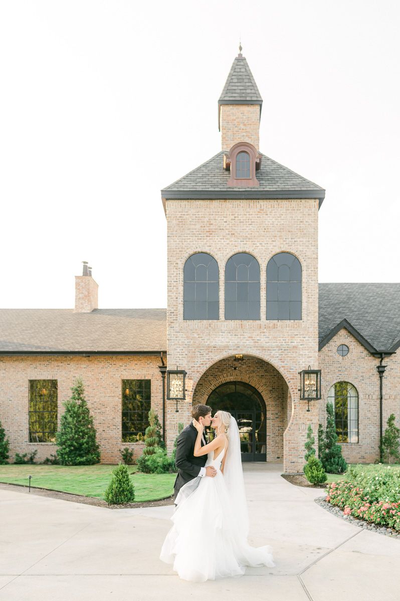 bride and groom outside Iron Manor wedding venue