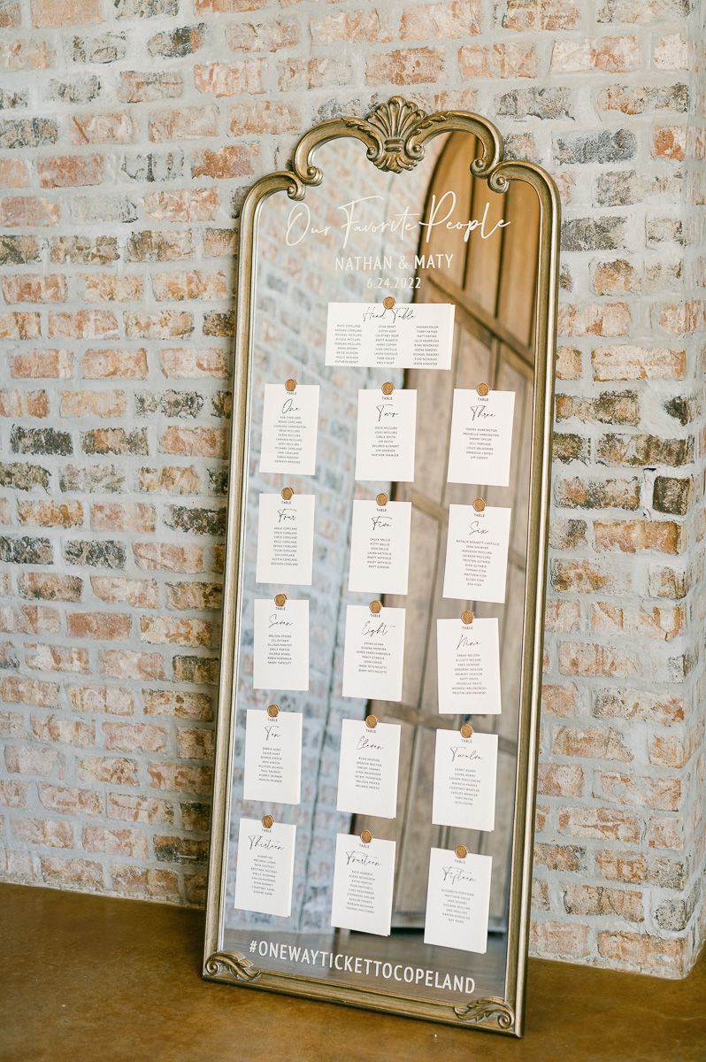 reception seating chart mirror at Montgomery, Tx wedding