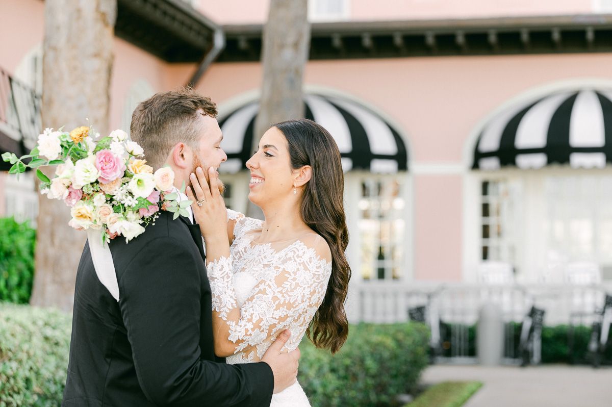 bride and groom outside Grand Galvez in Galveston