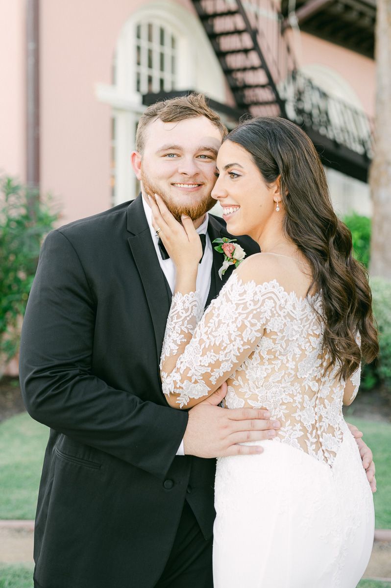 bride and groom outside Grand Galvez in Galveston