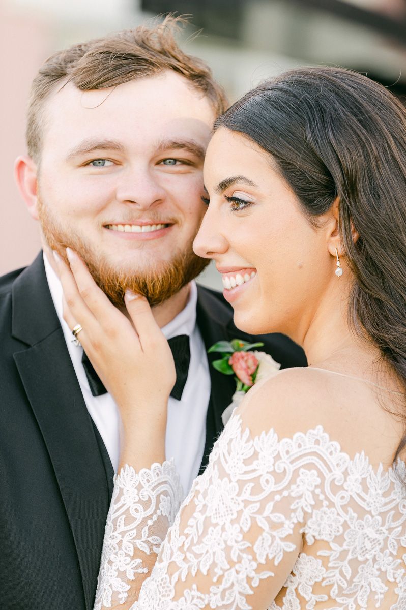 bride and groom outside Grand Galvez in Galveston