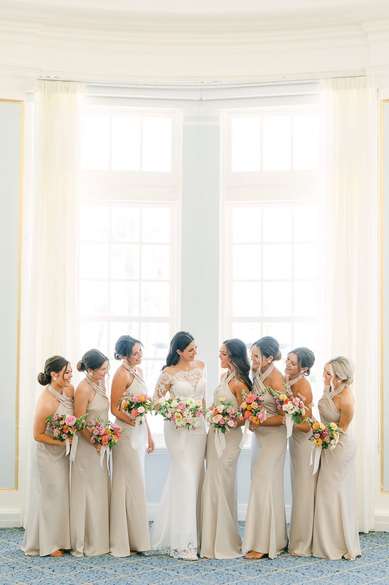 bridesmaids in champagne dresses in Galveston