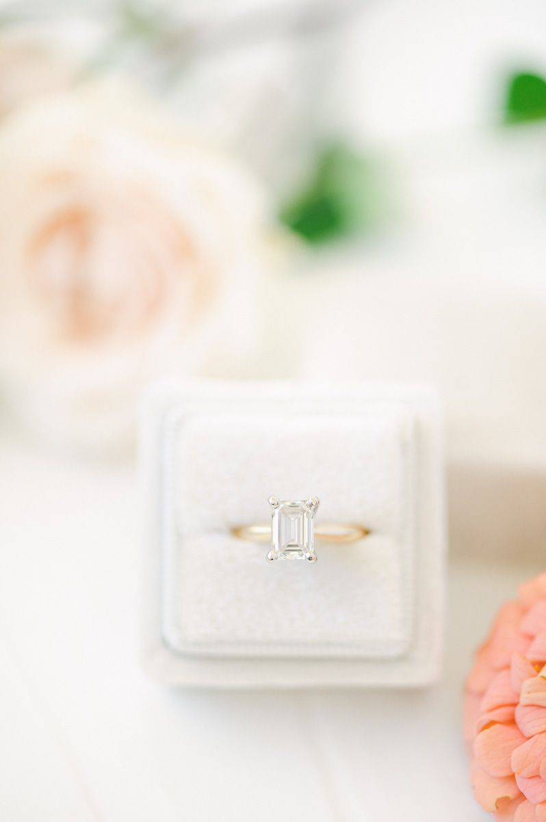 gold engagement ring in white box