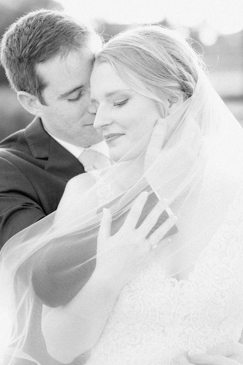 black and white photo of bride and groom