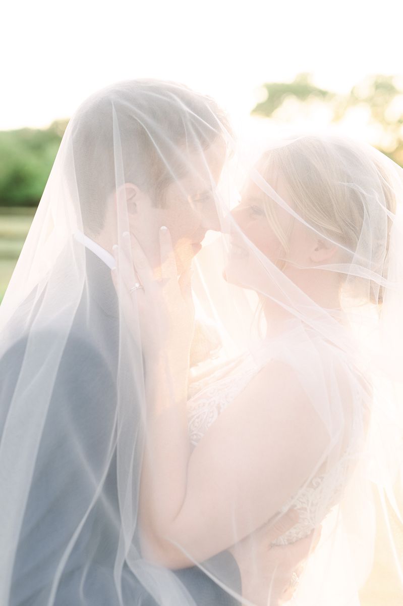 bride and groom under veil