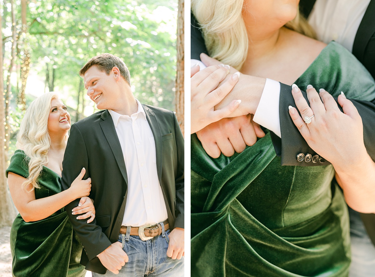a couple in an emerald dress at big sky barn
