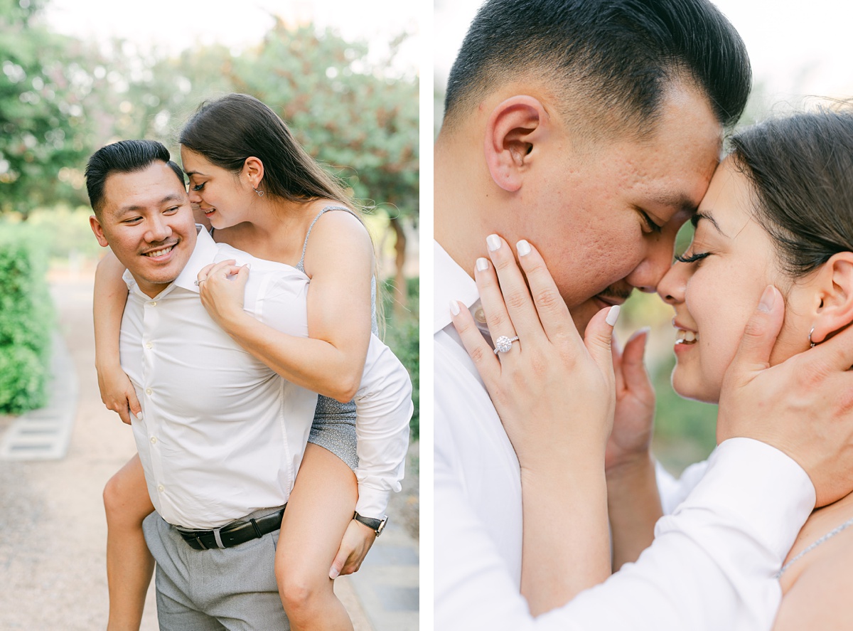 a groom giving his bride a piggyback ride at their engagement session