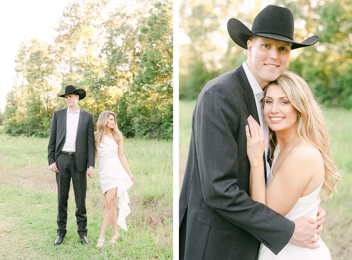 a couple wearing a suit and cowboy hat