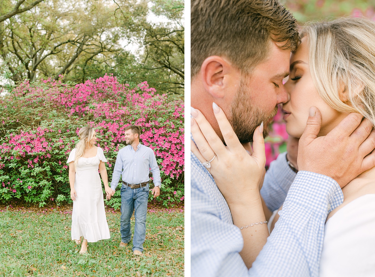 a couple walking in front of pink flowers at their engagement session