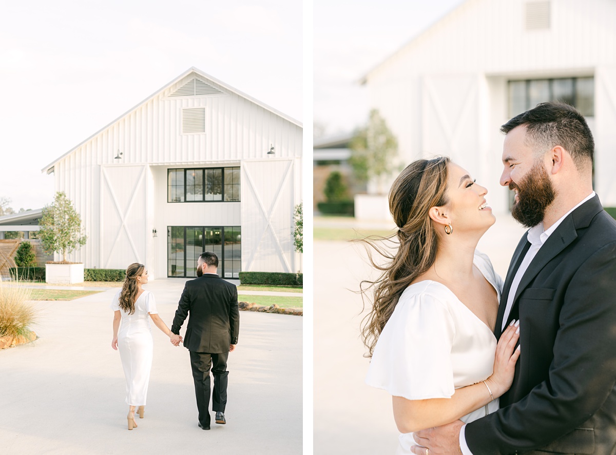 Couple walking in front of The Farmhouse by Houston wedding photographer Eric & Jenn Photography