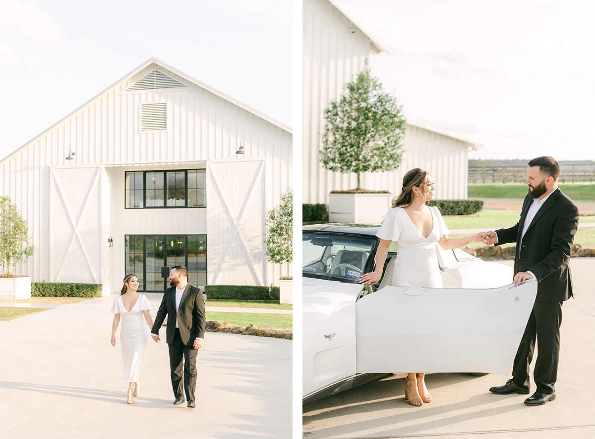 Couple walking in front of The Farmhouse by Houston wedding photographer Eric & Jenn Photography