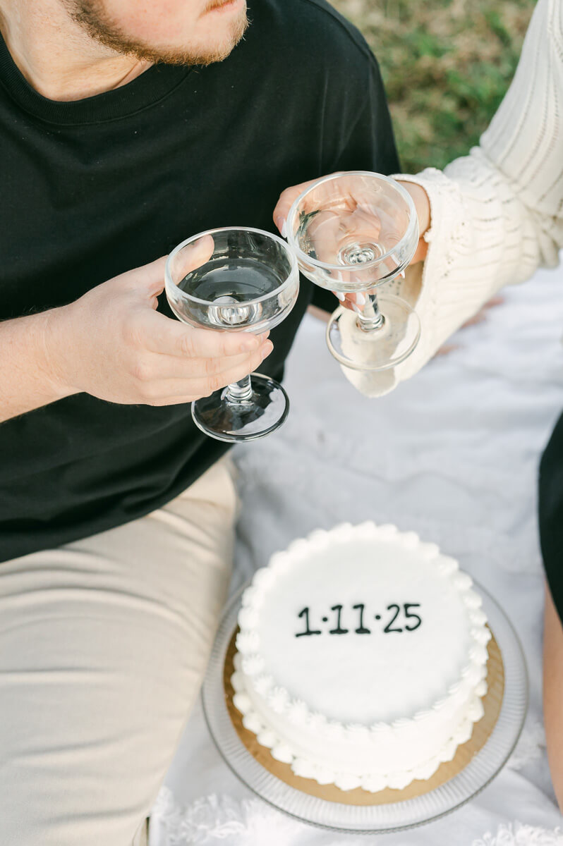 a couple with cake and champagne in front of the houston city skyline