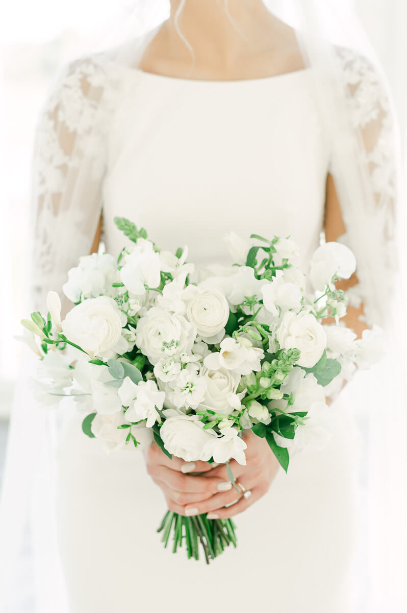 white wedding bouquet at the farmhouse