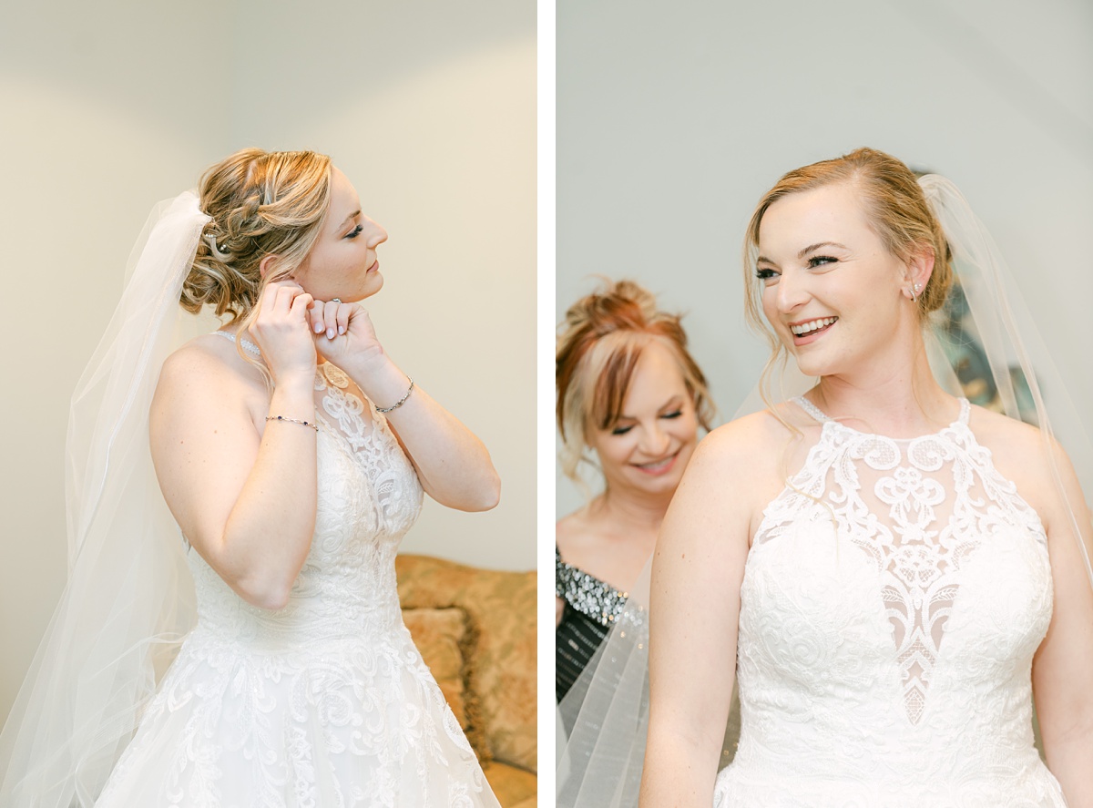 a bride smiling as she gets ready