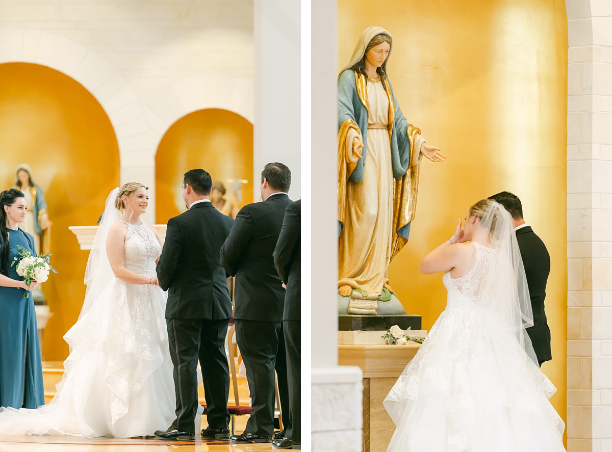 couple giving flowers to Mary at their ceremony