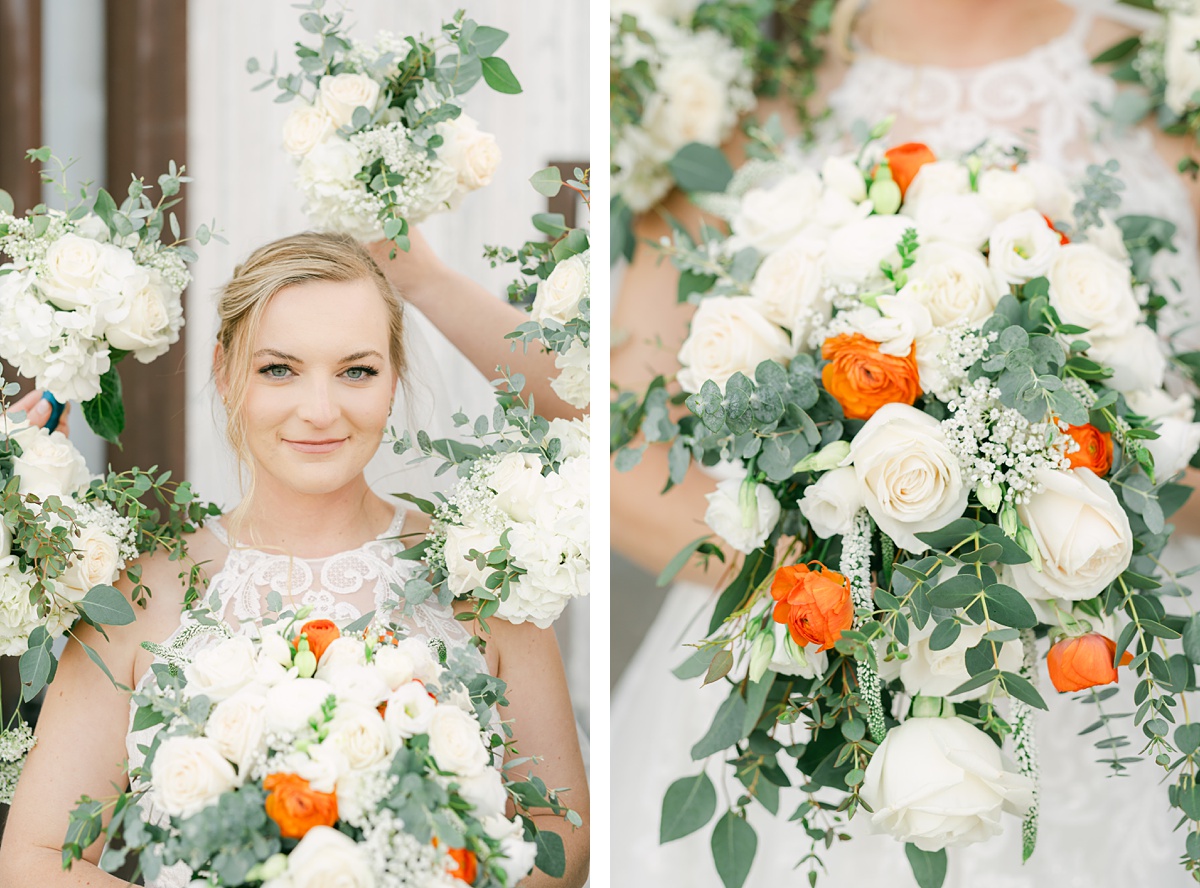 a bride with flowers around her at a Katy wedding venue 