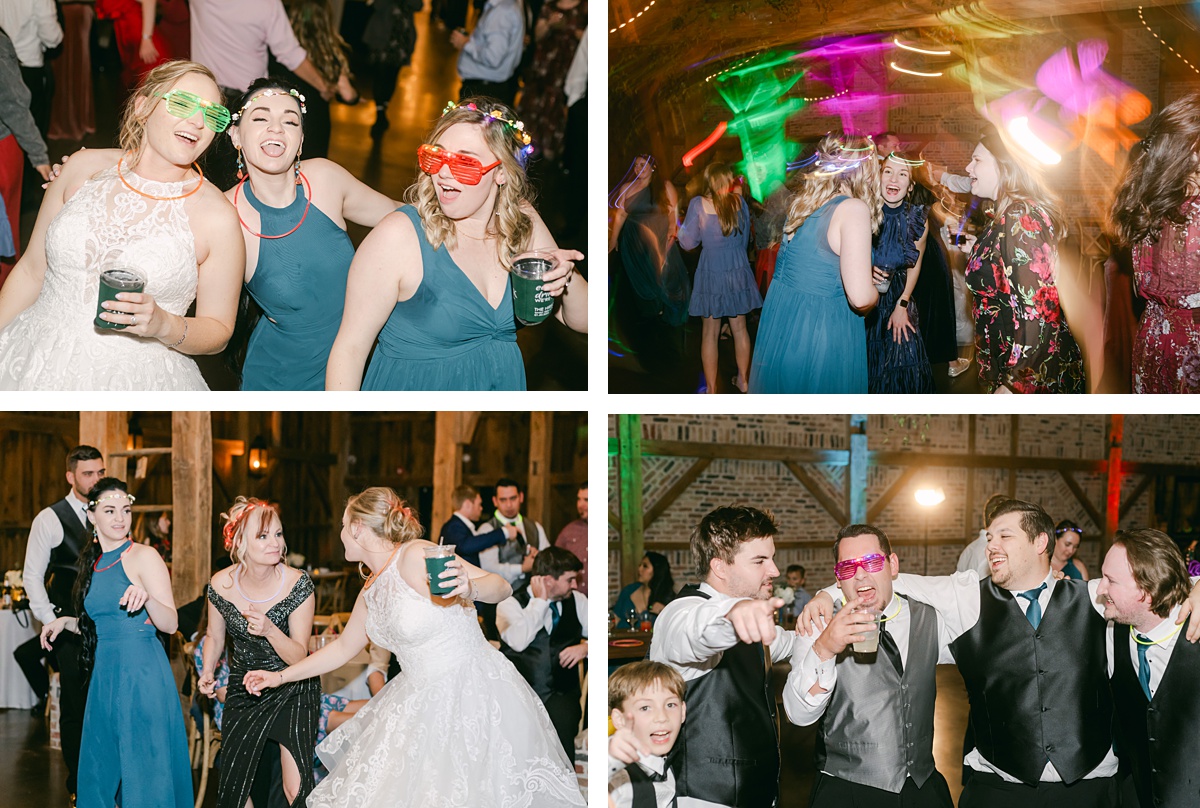 party dancing with fun lights at beckendorff farms reception