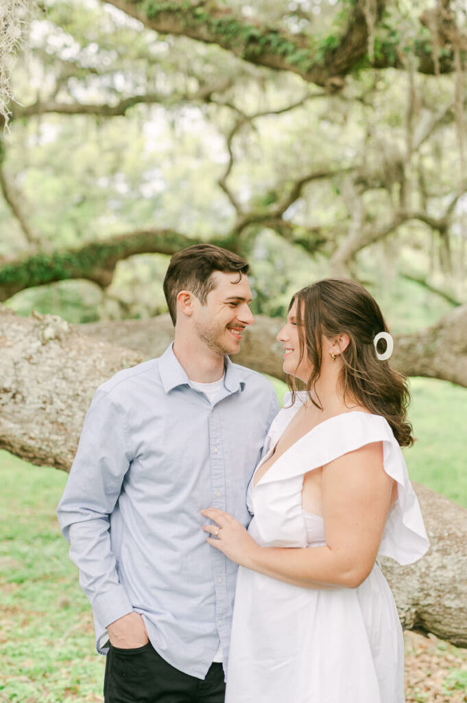 couple during their engagement session at brazos bend