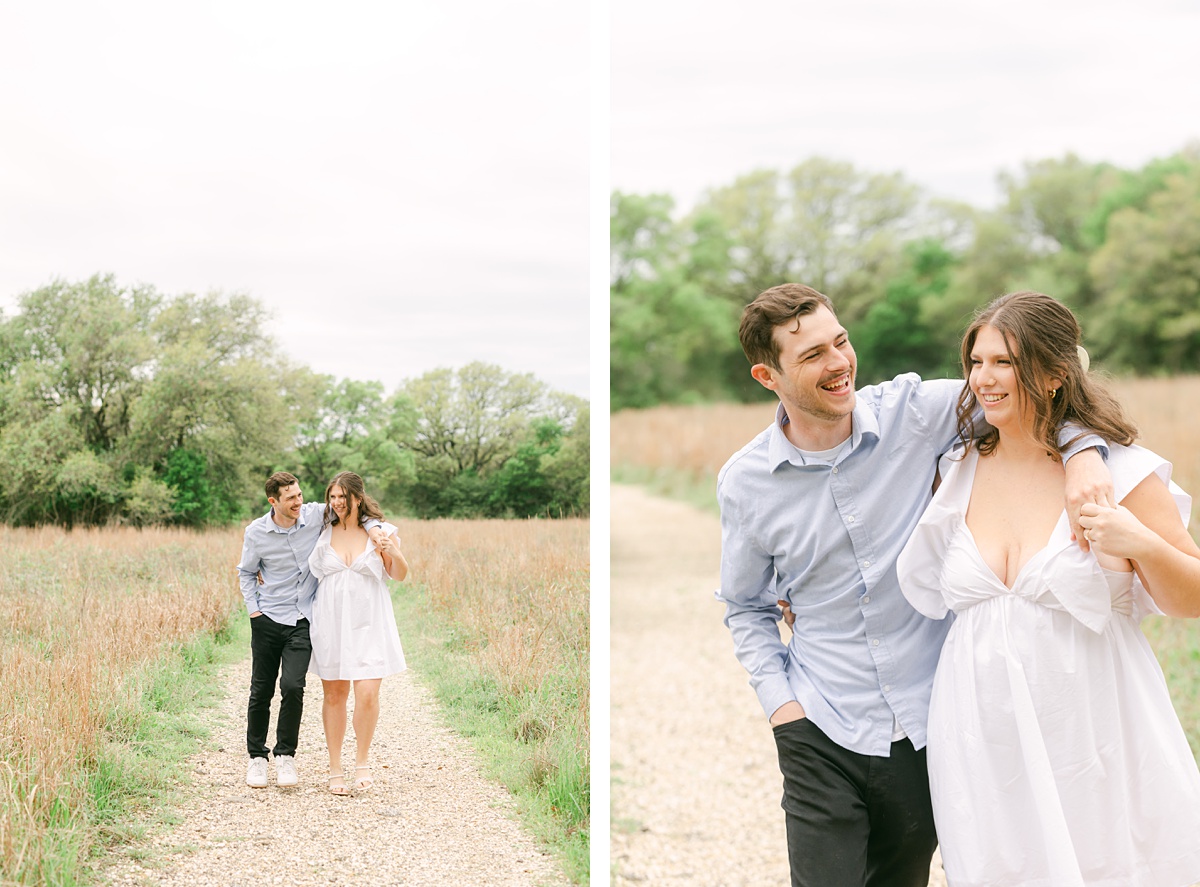 couple walking and laughing at their houston engagement photography session