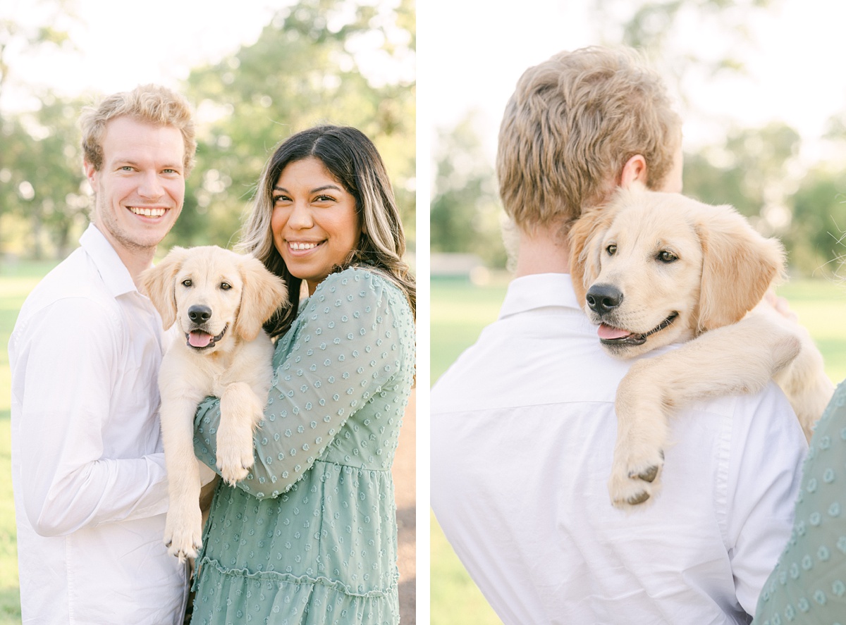 couple and golden retriever puppy during their houston engagement session 