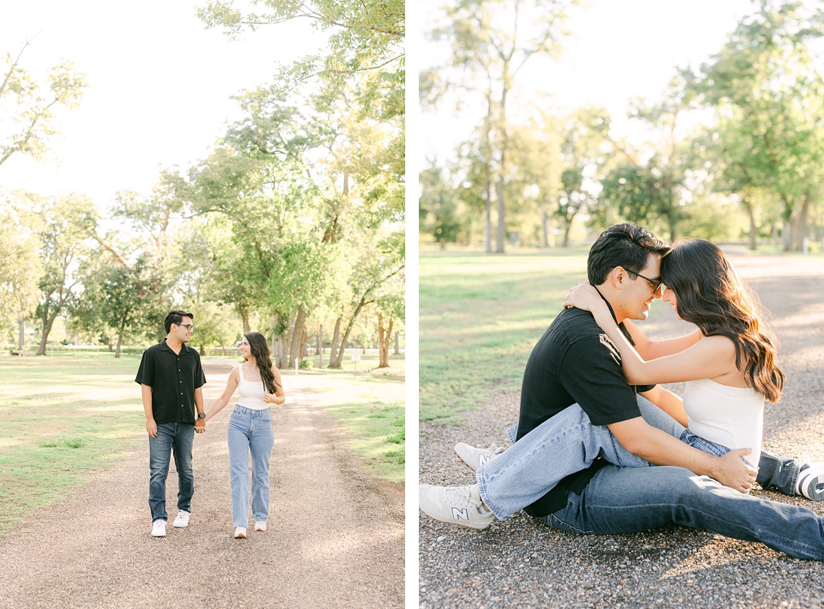 a couple walking and holding hands at their Houston engagement session