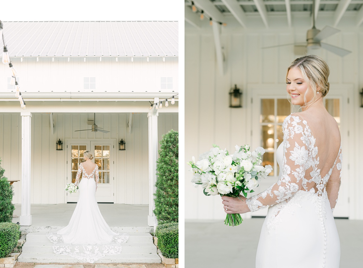 a bride with lace sleeves at the farmhouse bridal photography