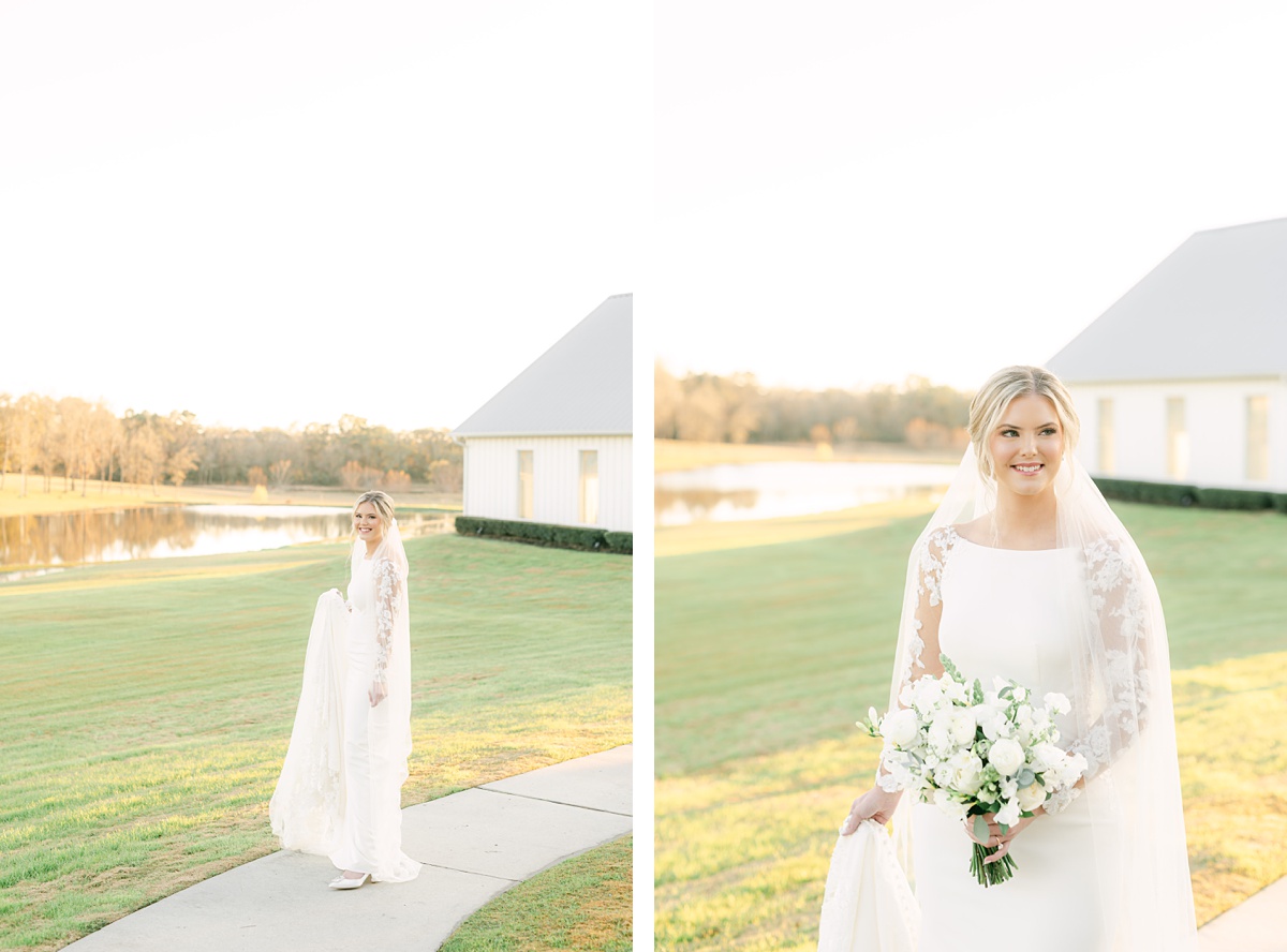 a bride walking on the sidewalk leading from the farmhouse chapel