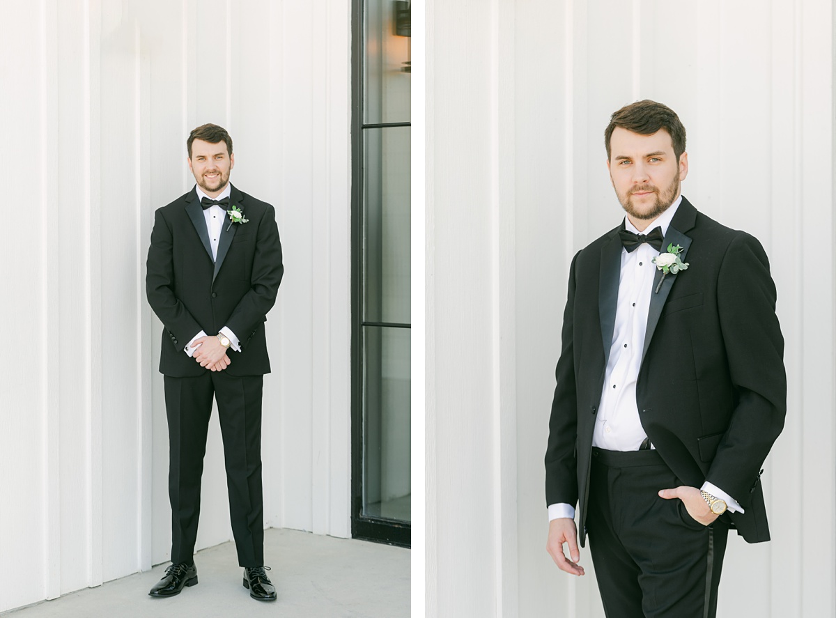 groom wearing classic black suit and bowtie