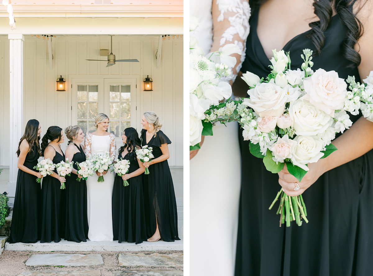 bridesmaids wearing black dressed and holding white flowers 