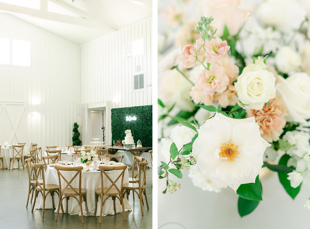 the farmhouse wedding venue with soft white and pink florals