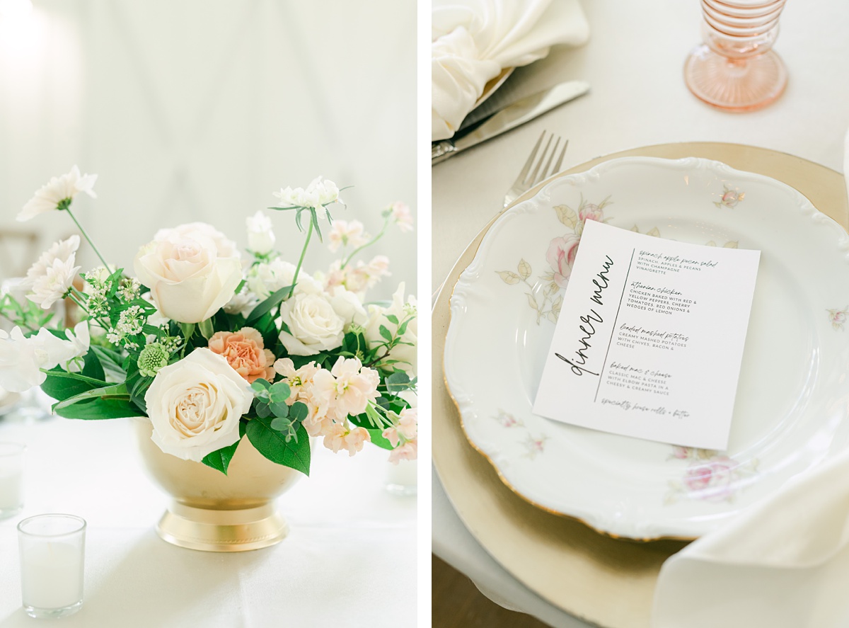 soft florals and old china table settings for a farmhouse wedding