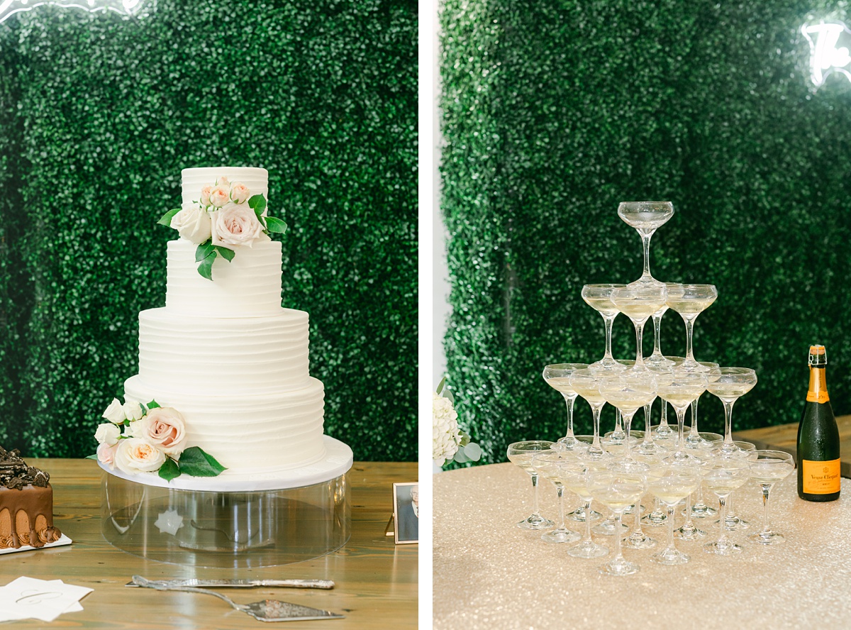 a white wedding cake and champagne tower for this farmhouse wedding