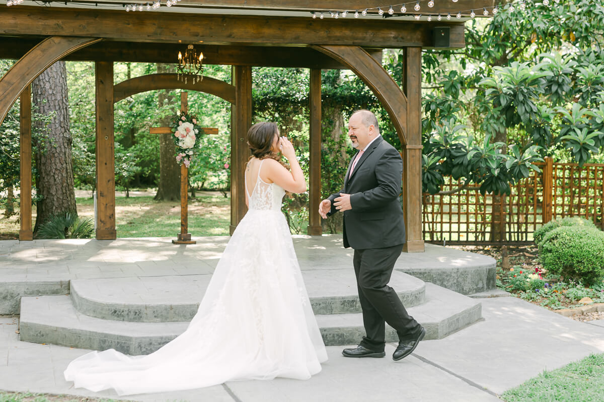 emotional first look with dad at Shirley Acres in Houston