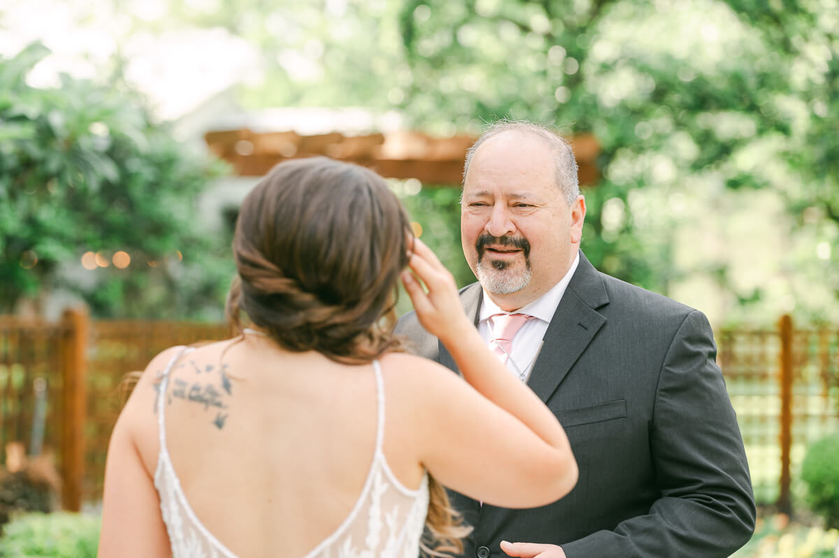 emotional first look with dad at Shirley Acres in Houston
